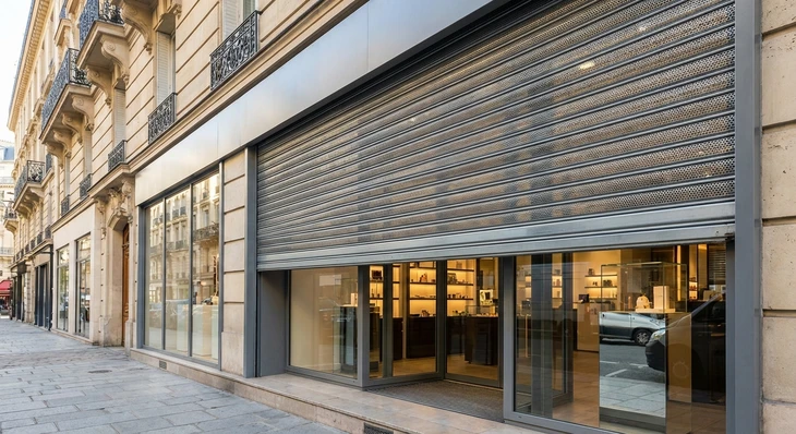 Extérieur commercial avec rideau métallique fermé gris installé dans encadrement béton blanc, sol carrelage beige avec joints apparents