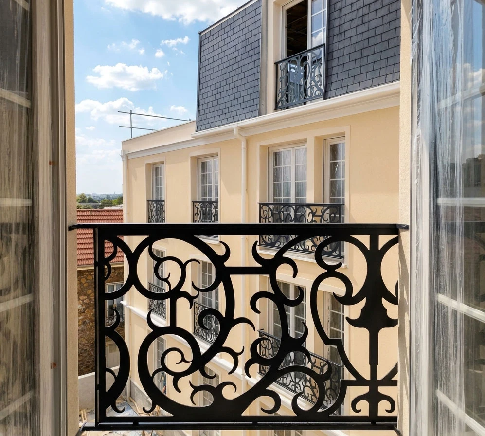 Escalier extérieur métallique en acier galvanisé avec marches caillebotis et garde-corps à barreaudage vertical