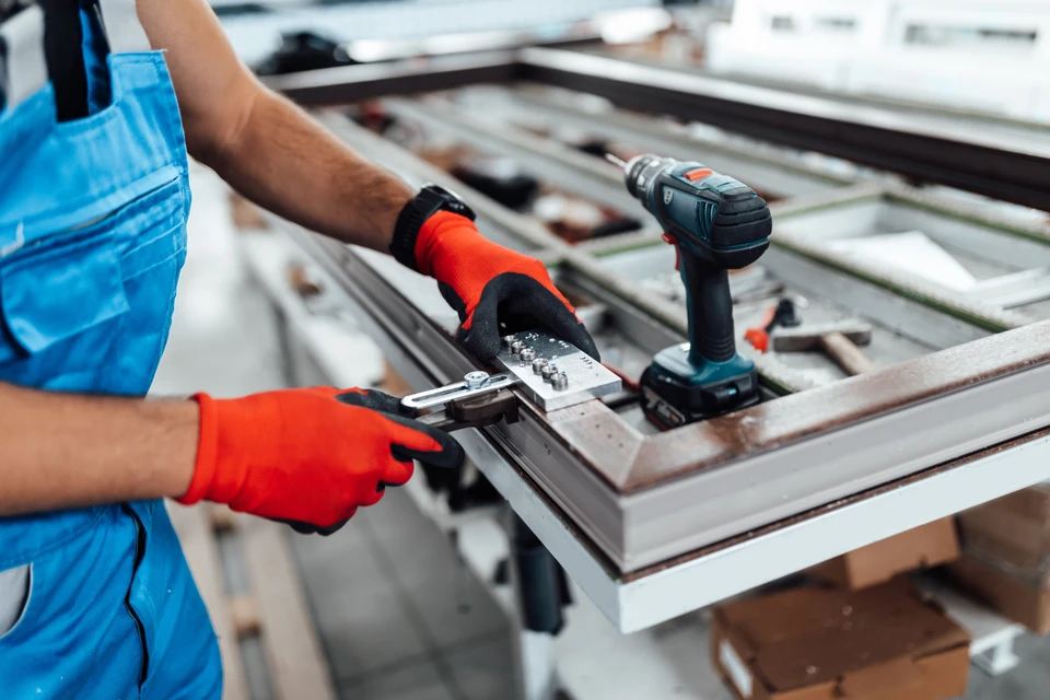 Intérieur résidentiel, homme en chemise à carreaux installant une serrure sur porte blanche, portant gants de protection marron et noir, concentration sur le travail de précision